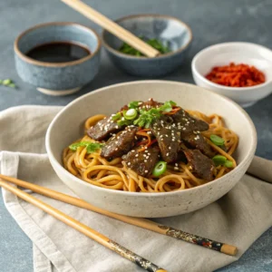 Ingredients for Mongolian beef noodles recipe including beef, onion, and spices