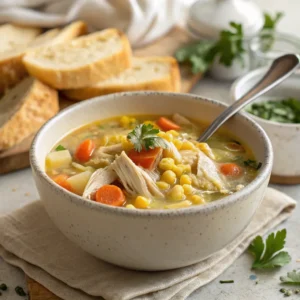 Bowl of chicken corn soup served hot with sweet corn, shredded chicken, and fresh herbs