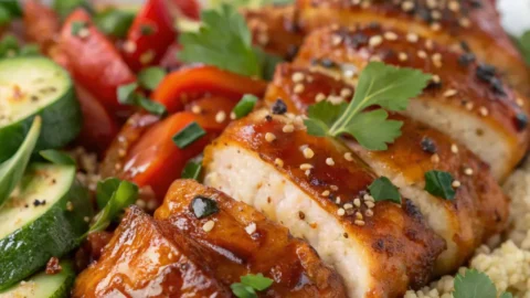 Close up of Harissa Honey Chicken recipe showing crispy texture and juicy meat