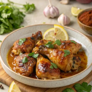 Harissa Honey Chicken recipe served hot with garnish and sides