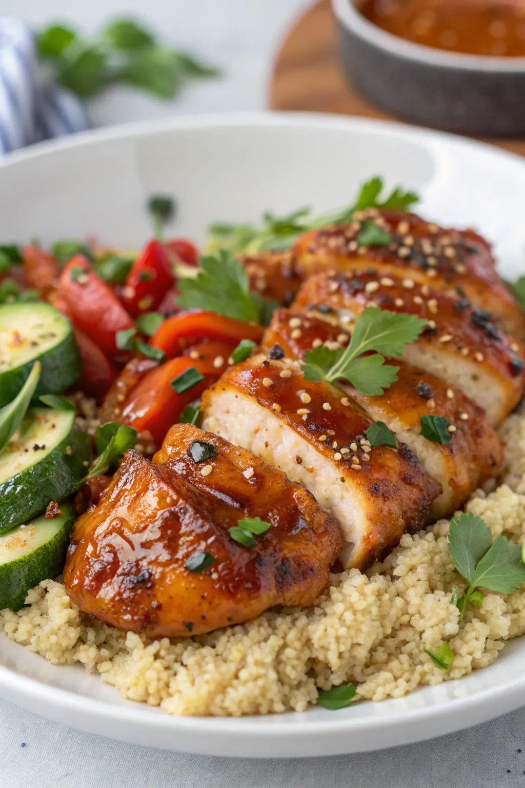 Close up of Harissa Honey Chicken recipe showing crispy texture and juicy meat