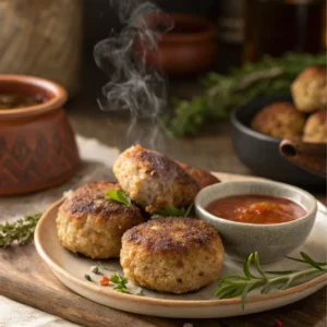 Close up of beef cutlet recipe highlighting texture and sauce