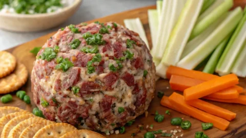 Dried beef cheese ball recipe served in a bowl or plate with fresh herbs
