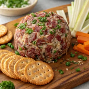 Close up of dried beef cheese ball recipe highlighting texture and sauce