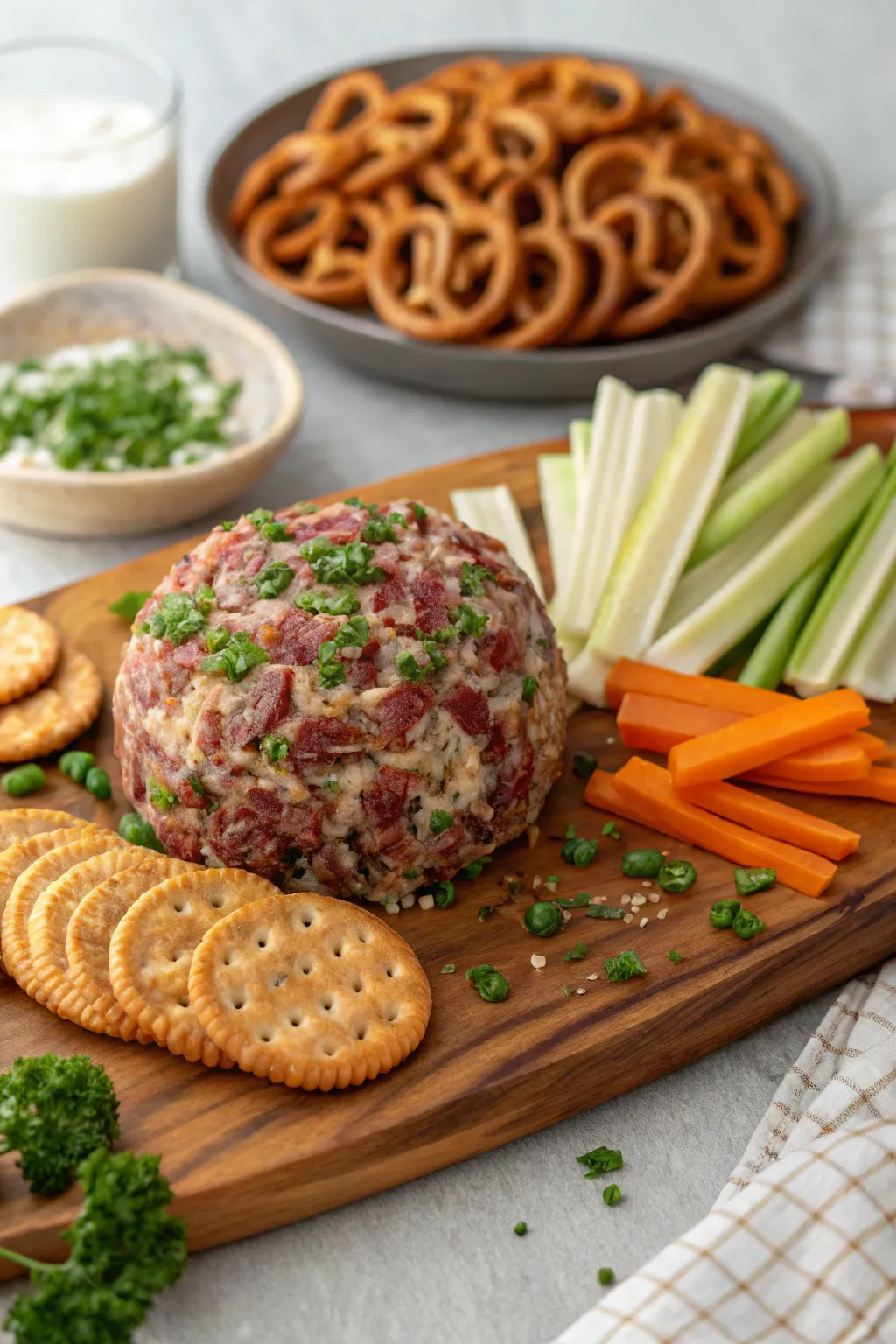 Dried beef cheese ball recipe served in a bowl or plate with fresh herbs