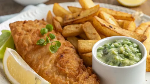 Fish and chips recipe served in a dish with lemon and parsley