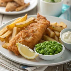 Fish and chips recipe served in a dish with lemon and parsley