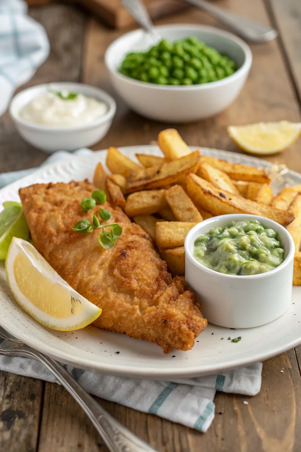 Fish and chips recipe served in a dish with lemon and parsley