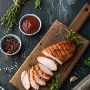 Close up of smoked chicken breast recipes showing crispy texture and juicy meat