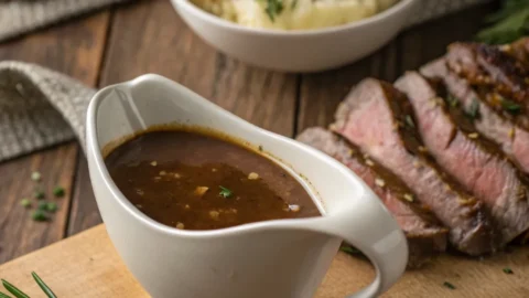 Easy Beef Gravy Recipe served in a white gravy boat with glossy sauce on a rustic table