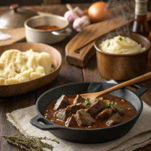 Close-up of Easy Beef Gravy Recipe showing smooth, glossy gravy pouring from a spoon.