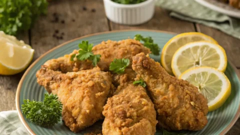 Fried chicken recipe served on a plate with crispy golden crust