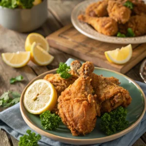 Fried chicken recipe served on a plate with crispy golden crust