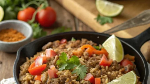 Ground Beef and Rice Recipes served in a bowl or plate with fresh herbs