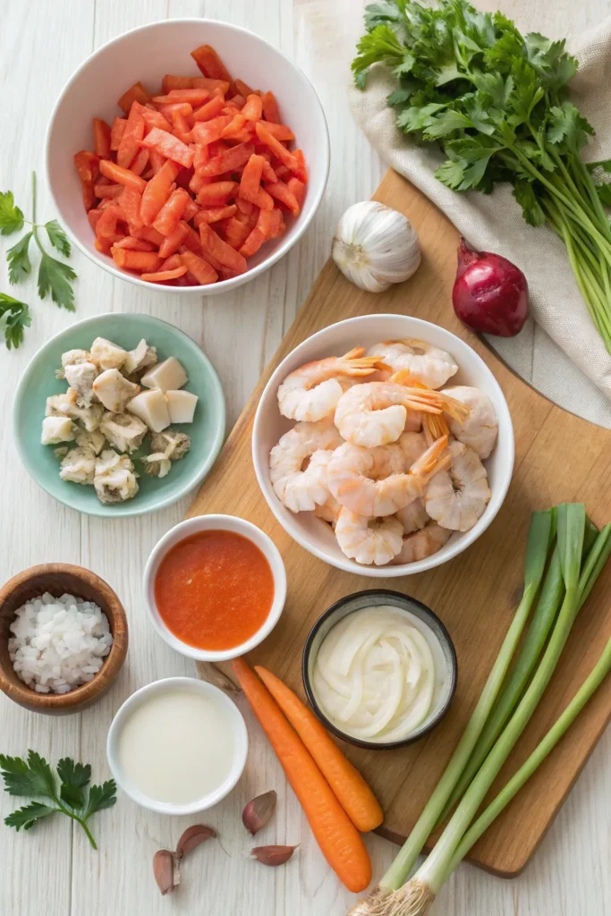 Flat lay of seafood bisque ingredients including shrimp, crab, lobster, onion, celery, carrots, garlic, cream, and herbs