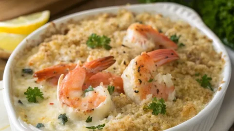 Baked seafood casserole recipe with shrimp, crab, and golden breadcrumbs.