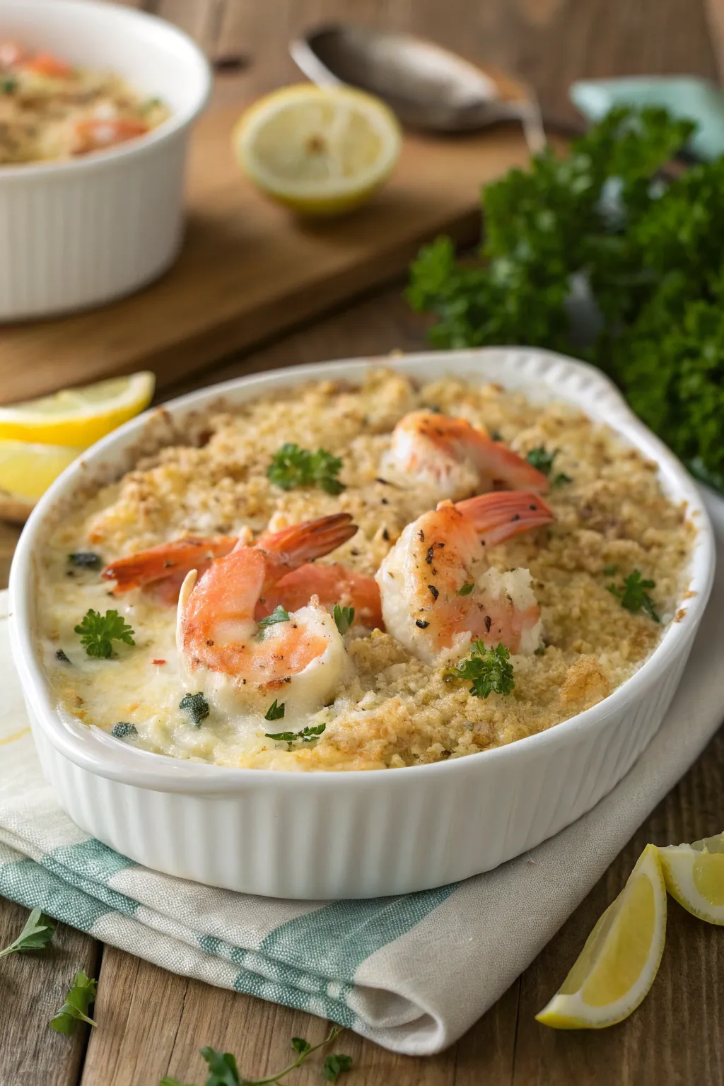 Baked seafood casserole recipe with shrimp, crab, and golden breadcrumbs.
