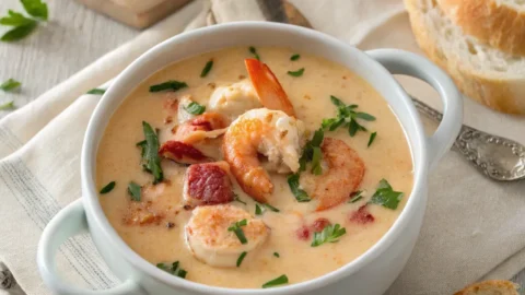 Seafood bisque recipe served in a white bowl with shrimp, crab, lobster, and parsley garnish on a rustic table.
