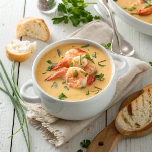 Seafood bisque recipe served in a white bowl with shrimp, crab, lobster, and parsley garnish on a rustic table