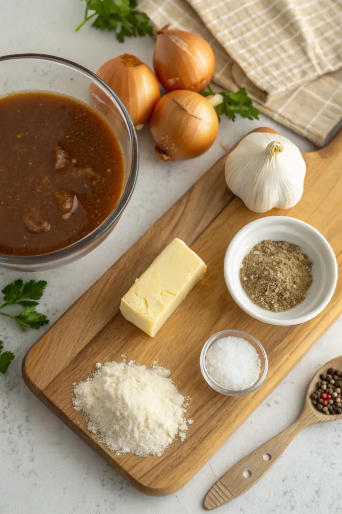 Ingredients for Easy Beef Gravy Recipe: butter, flour, warm beef broth, salt, and pepper