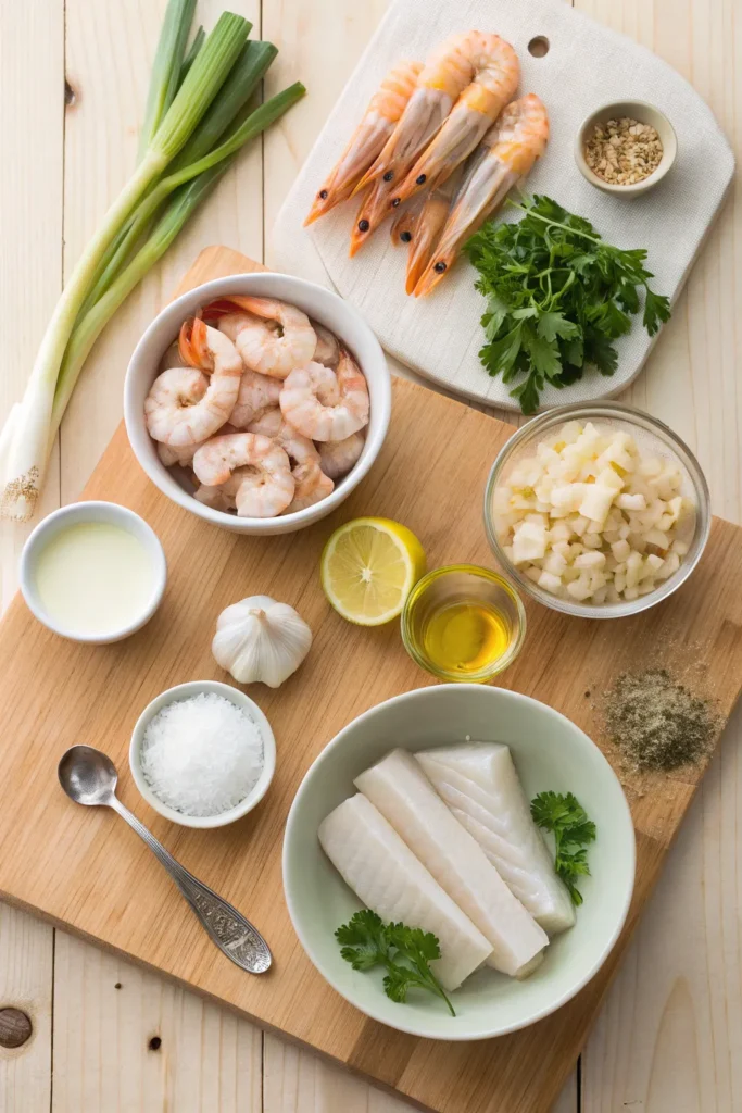 Raw shrimp, crab, white fish, onion, garlic, and parsley on wooden counter.