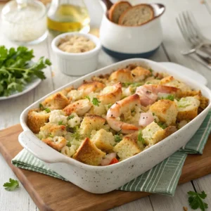 Hand scooping seafood stuffing from a golden baked casserole dish onto a plate at the dining table