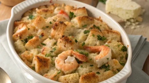 Seafood Stuffing Recipe baked in a golden casserole with crab and shrimp