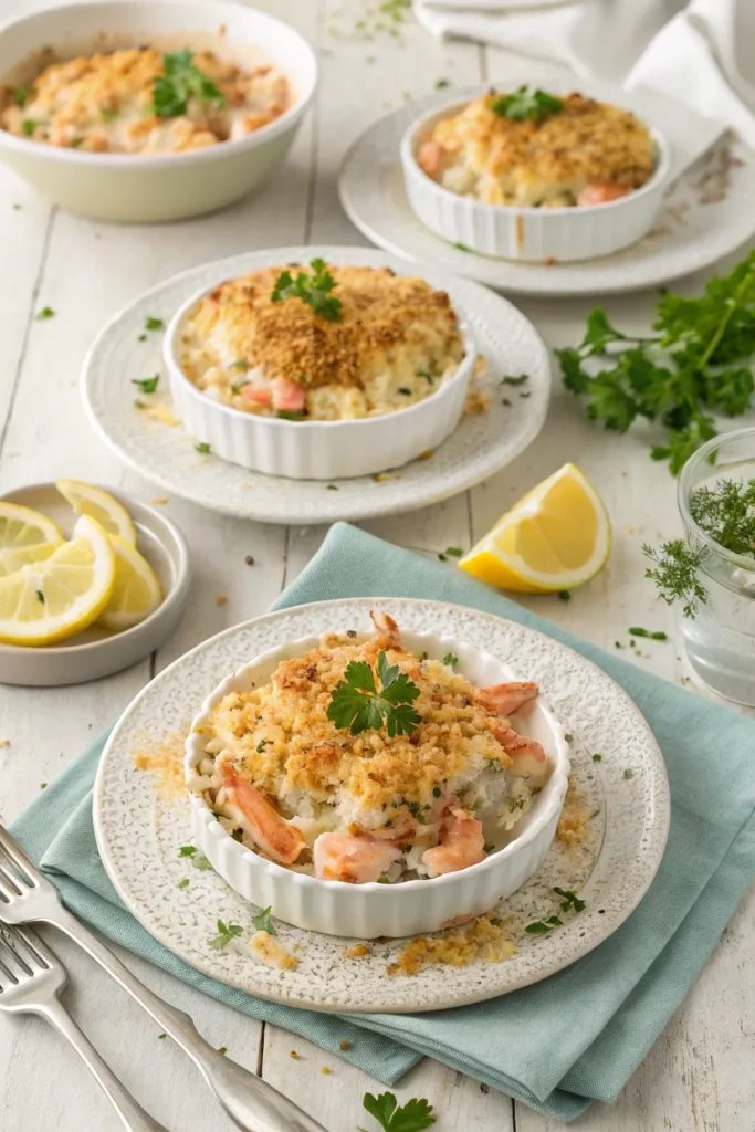 Seafood casserole plated with parsley garnish and lemon wedges.