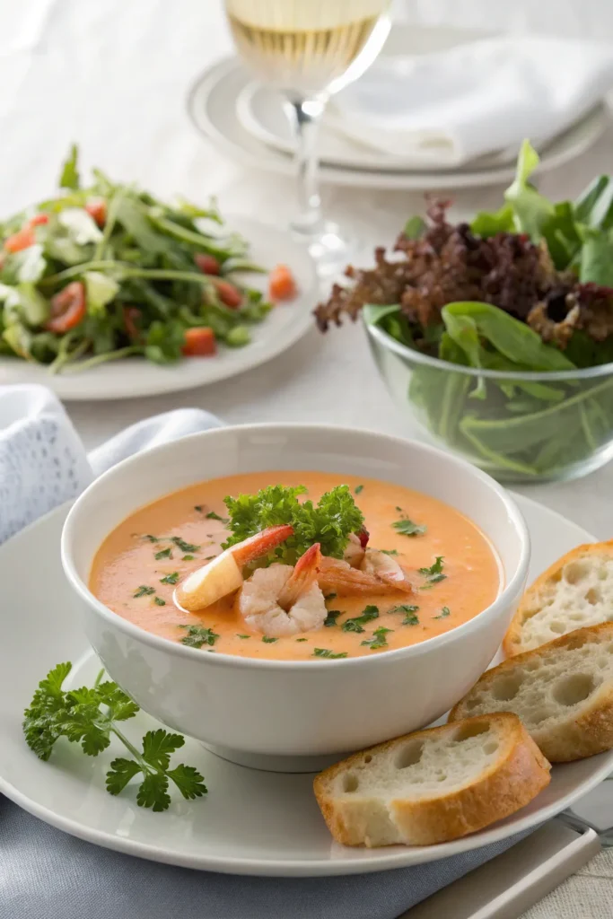 Seafood bisque recipe served with salad, and toasted baguette slices on an elegant dining table