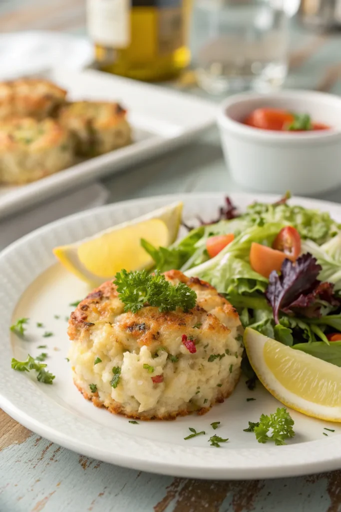 Seafood stuffing served on a plate with a fresh salad and lemon wedge, garnished with parsley.