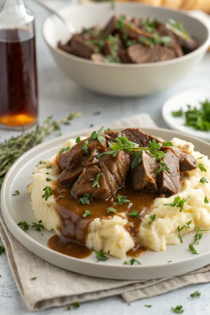 Easy Beef Gravy Recipe poured over mashed potatoes and roast beef, parsley garnish
