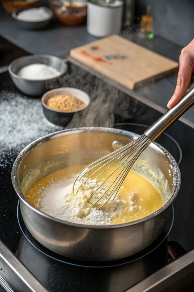 Cooking Easy Beef Gravy Recipe step by step, whisking a butter-flour roux in a saucepan