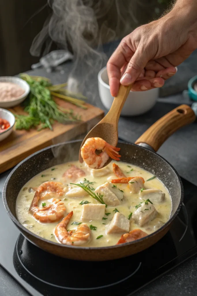 Shrimp and fish being folded into creamy sauce in skillet.