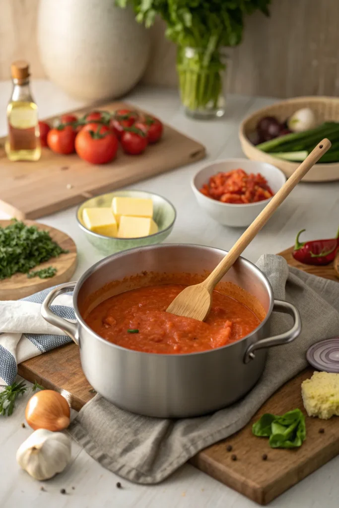 Seafood bisque in progress with vegetables and tomato paste being sautéed in butter in a pot with a wooden spoon