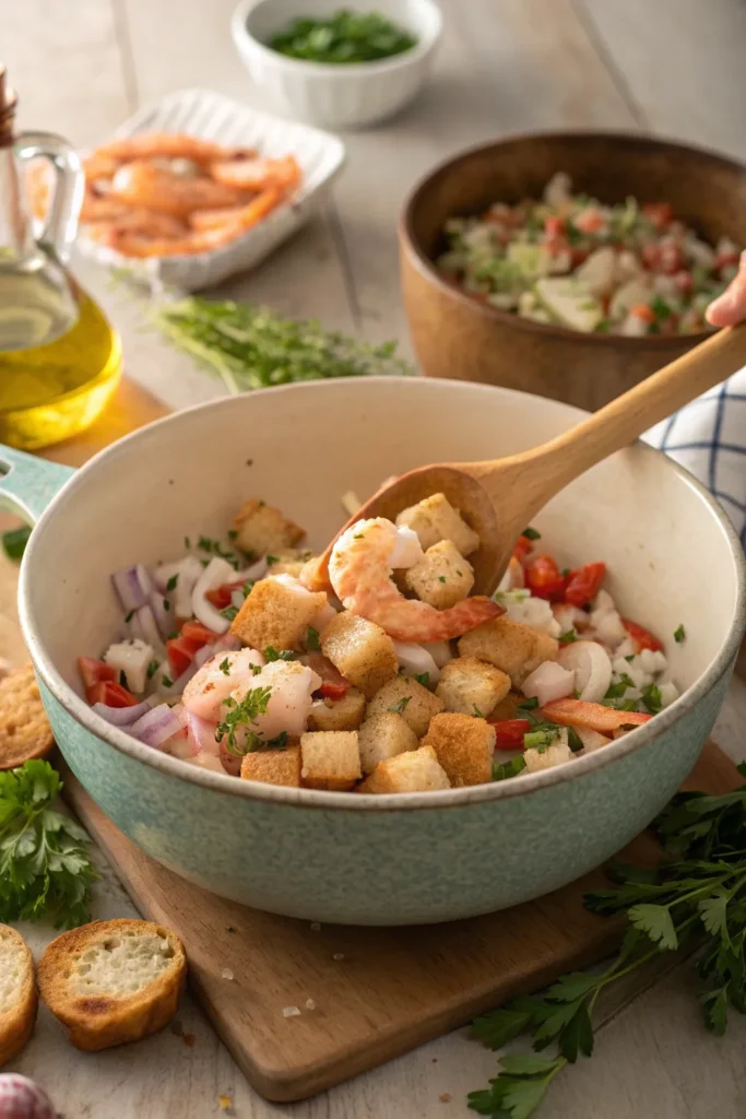 Seafood stuffing mixture in a bowl with bread cubes, shrimp, crab, and vegetables being stirred with a wooden spoon.
