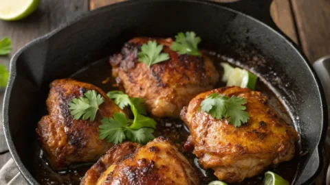 Chipotle chicken thighs cooked in a skillet, golden brown and garnished with lime and cilantro
