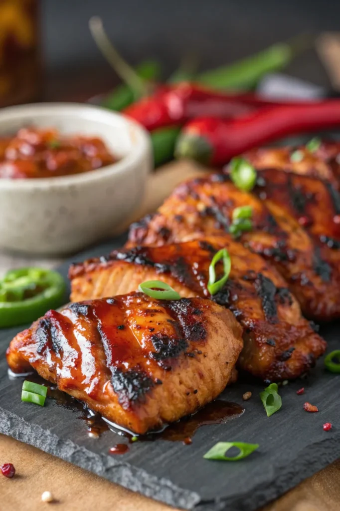 Close-up of juicy chipotle chicken with smoky charred edges and a flavorful glaze