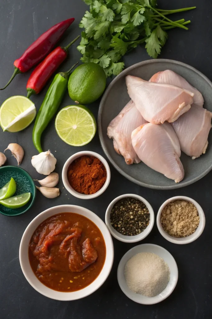 Fresh ingredients for chipotle chicken recipe including chicken thighs, chipotle peppers, garlic, lime, and spices