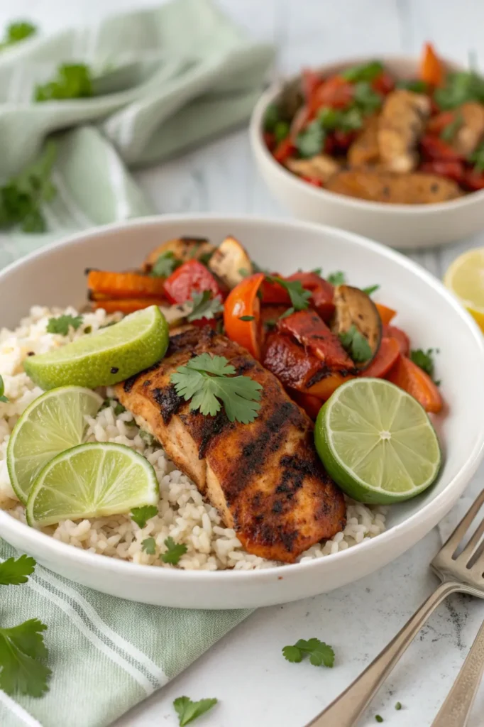 Plated chipotle chicken served with rice, roasted vegetables, lime wedges, and cilantro garnish