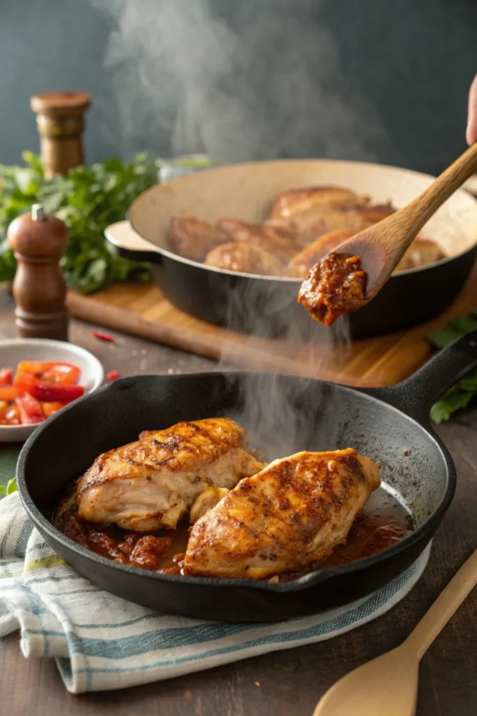 Cooking chipotle chicken in a skillet step by step, from marinated raw chicken to sizzling golden brown pieces