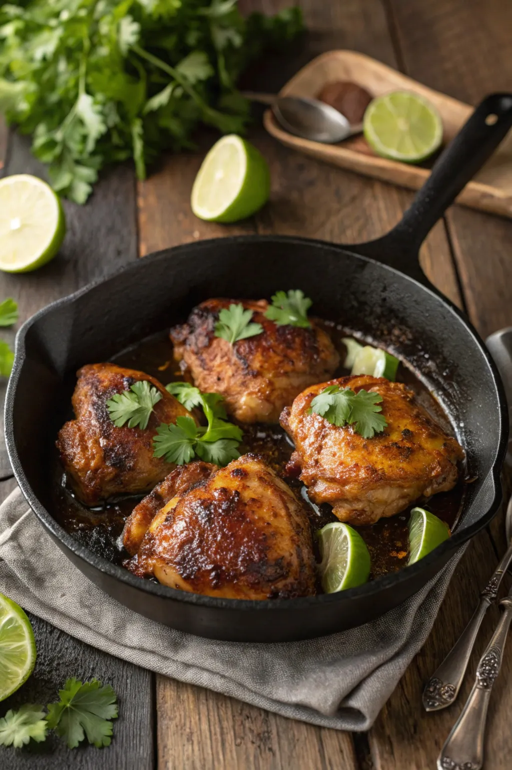 Chipotle chicken thighs cooked in a skillet, golden brown and garnished with lime and cilantro
