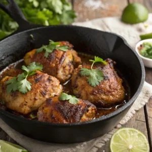 Chipotle chicken thighs cooked in a skillet, golden brown and garnished with lime and cilantro