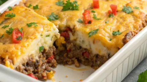 Golden, cheesy Keto Ground Beef Casserole with melted cheddar and fresh parsley