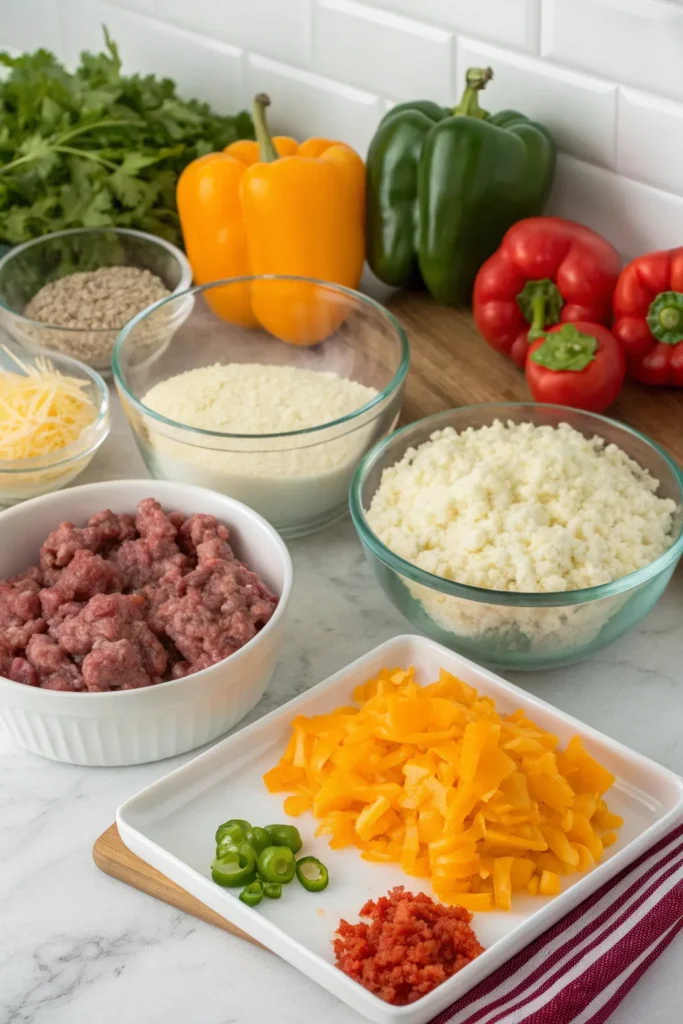 Ingredients for Keto Ground Beef Casserole, including ground beef, cauliflower rice, cheddar cheese, bell peppers, garlic, onion, and cream cheese