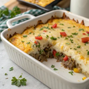 Golden, cheesy Keto Ground Beef Casserole with melted cheddar and fresh parsley