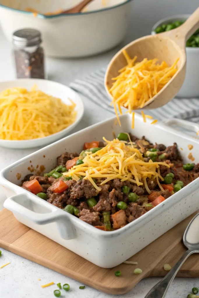 The beef and vegetable mixture being transferred to a greased casserole dish, topped with shredded cheddar cheese