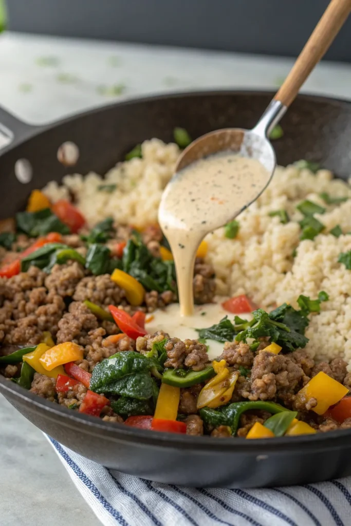 Ground beef being added to sautéed vegetables and cauliflower rice in a skillet, mixing together to form the casserole base