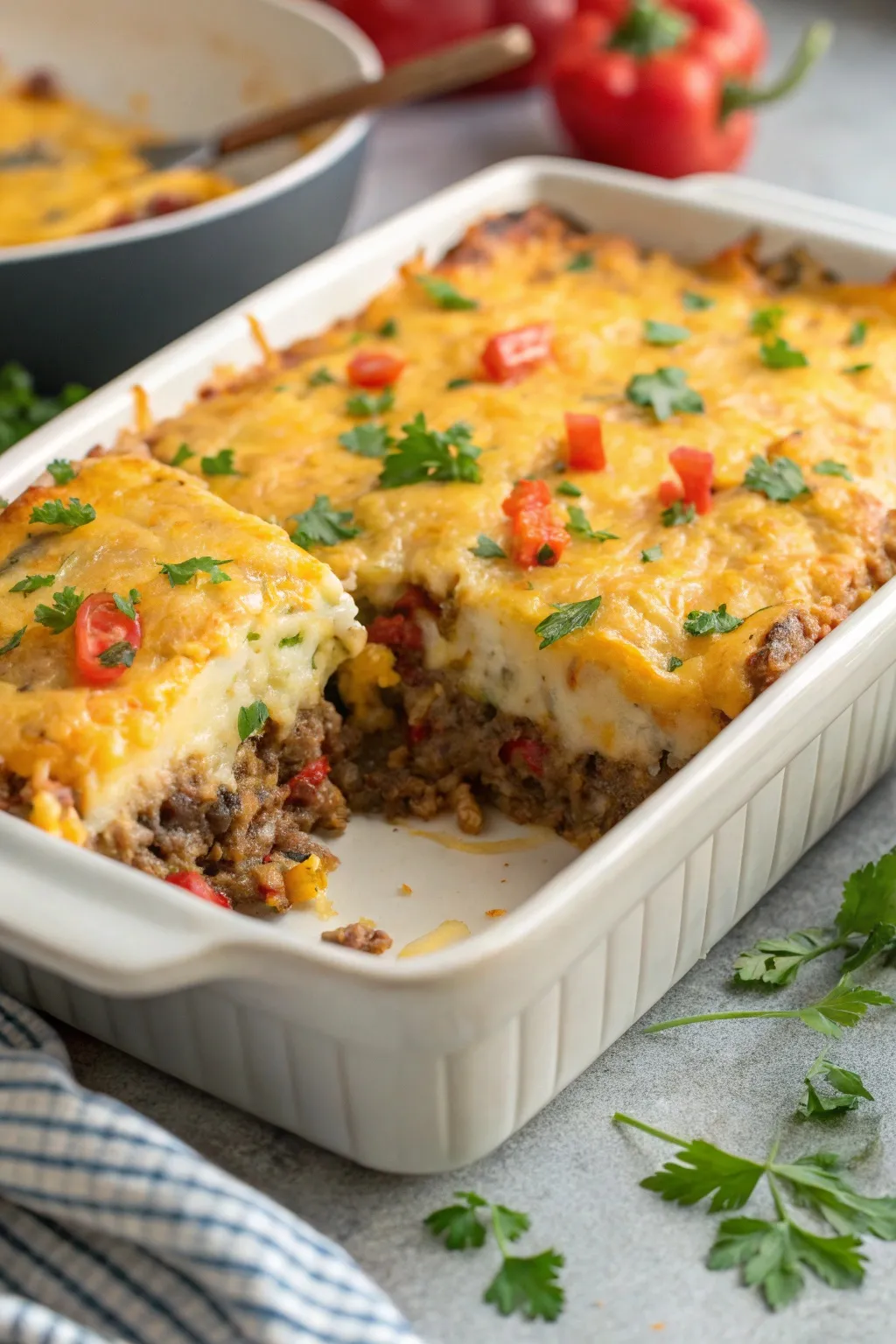 Golden, cheesy Keto Ground Beef Casserole with melted cheddar and fresh parsley