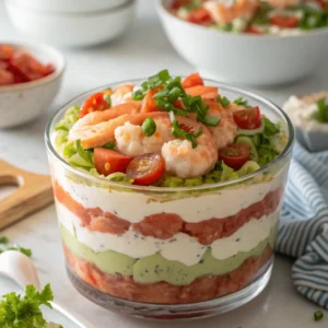 lose-up of hands garnishing seafood dip with lemon zest and sliced green onions in a cozy kitchen
