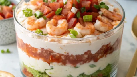Layered seafood dip in a clear glass dish showing cream cheese, cocktail sauce, shrimp, lettuce, tomatoes, and green onions